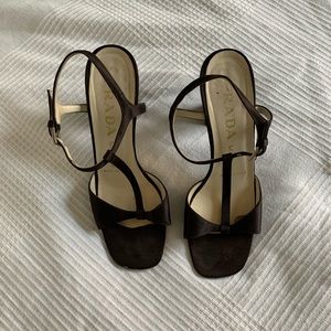 VINTAGE PRADA SATIN T STRAP CHOCOLATE HEELS